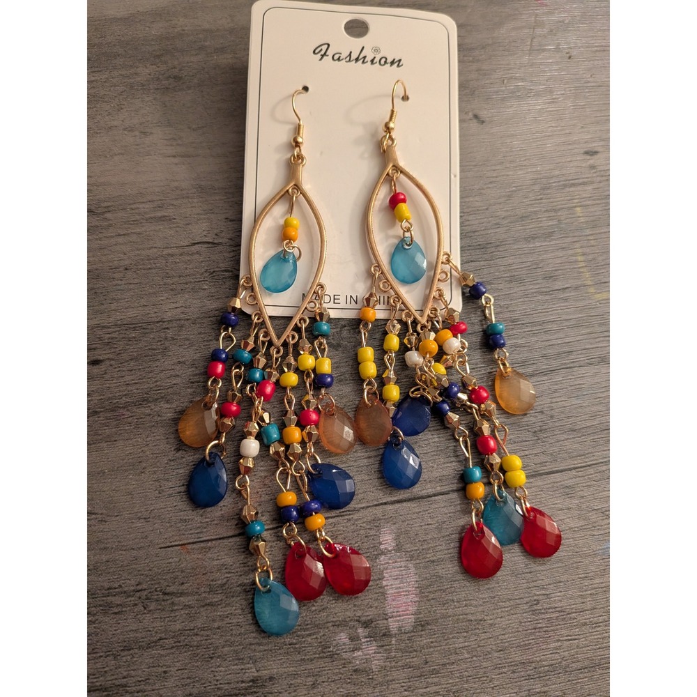 Boho Multicolor Beaded Chandelier Earrings Gold Tone Teardrop Dangle Statement